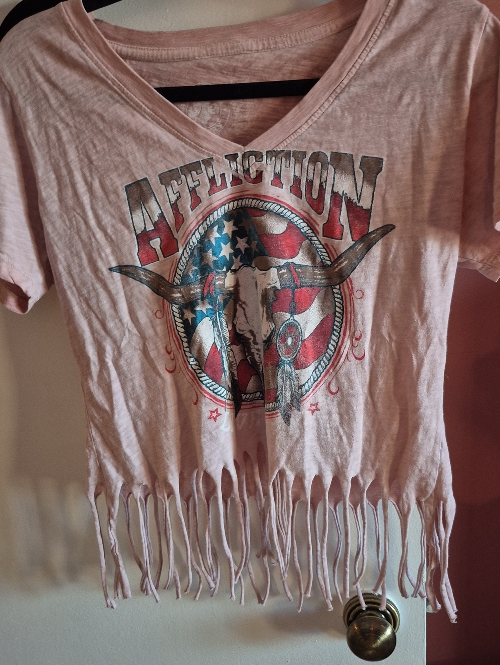 Affliction Pink Graphic V-Neck Fringe Tee